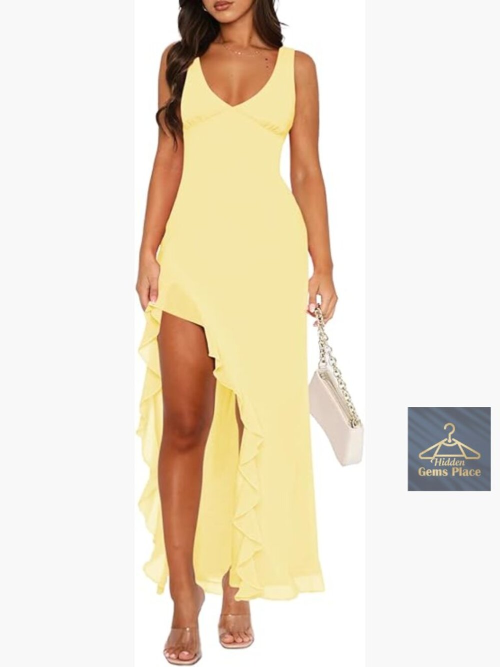 V-Neck Sleeveless Backless Maxi Dress with Mesh Ruffle Hem and High Slit